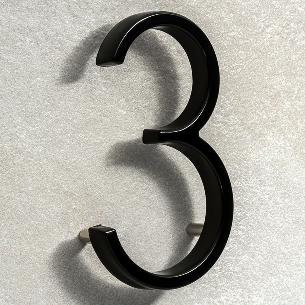 House Signs Direct | Modern Floating 3D Black Metal House Numbers 5 Inch | Stylish Front Door Numbers with Waterproof Zinc Alloy Finish | Easy Install Door Number Sign for Wall or Gate - Number 3 — image 1