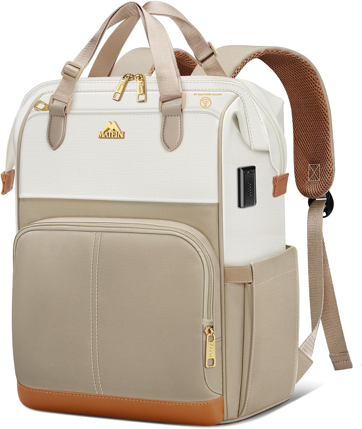 MATEIN Anti Theft Backpack for Women, 15.6 Inch Laptop Backpack with Theftproof Zippers & RFID Pocket, Water Resistant Work Computer Bag with USB Charging Port for Commute Travel, Beige Khaki