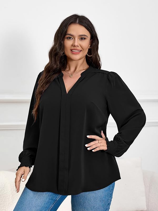 SCOMCHIC 2024 Plus Size Blouses for Women Dressy Casual V Neck Long Sleeve Casual Loose Shirts XL-5XL Black by SCOMCHIC - Used condition - Image 2