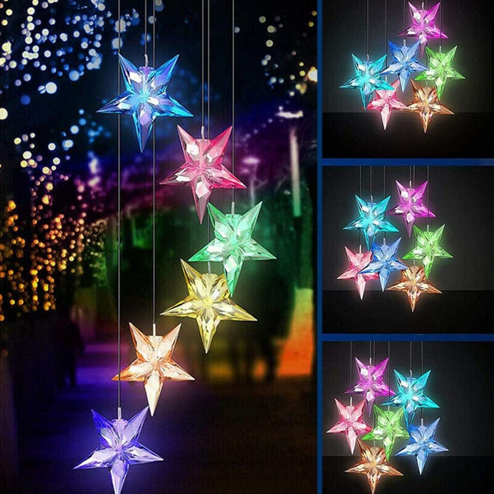 Color Changing Solar Power Wind Chime Blue Star LED Wind Chime Wind Mobile Portable Waterproof Outdoor Decorative Romantic Wind Bell Light for Patio Yard Garden Home
