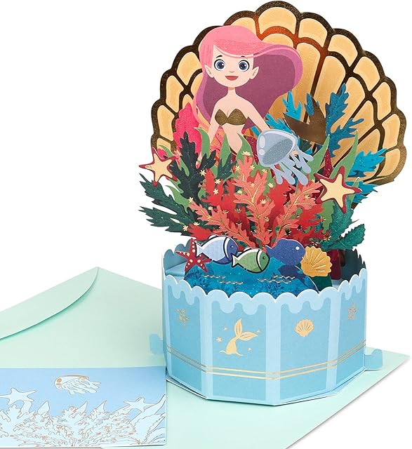 Giiffu The Little Mermaid Pop Up Card, Pop Up Birthday Card for kids, 3D Birthday Greeting Card, Birthday Pop Up Cards for Daughter or Sister, 3D Birthday Card with Envelope, Celebration Card