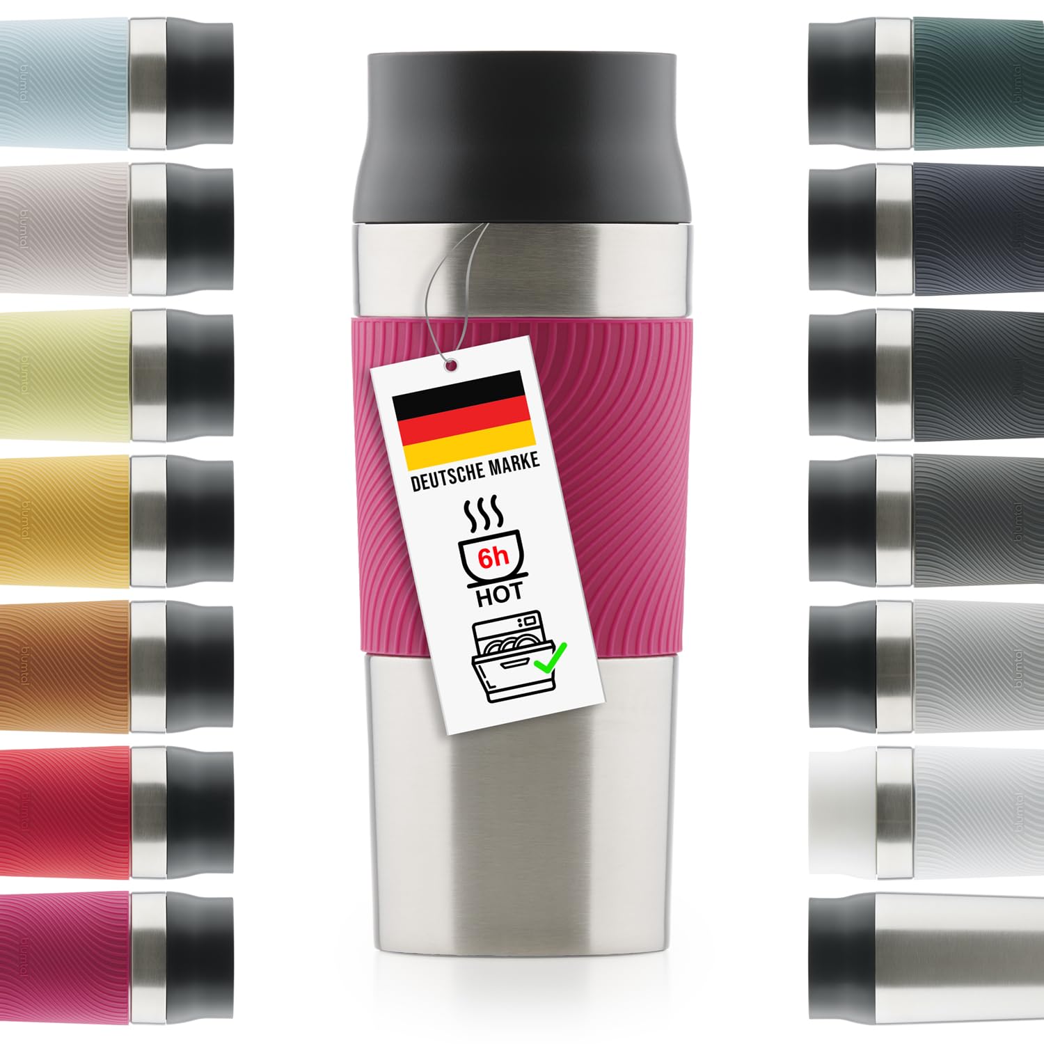 Blumtal Thermobecher 500 ml - Kaffeebecher to go aus Edelstahl - auslaufsicherer Isolierbecher kalt/heiß - Mug mit 360° Trinköffnung - Thermosbecher mit Quick-Press-Verschluss - Coffee Mug - Pink