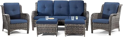 Miniatura 49 de Juego de 2 sillas de patio giratorias de 360 grados para exteriores y mesa auxiliar a juego – 3 sillas deslizantes de mimbre para patio con cojines