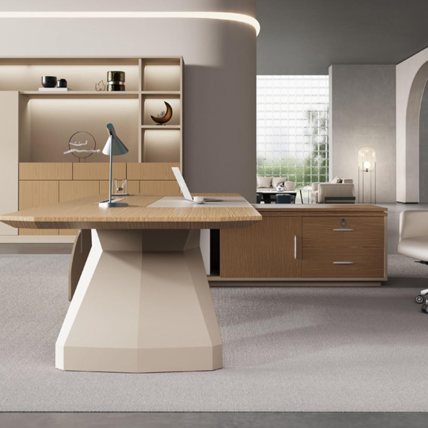 Wood Brown Computer Desk Executive Office Desk with File Cabinet Study Writing Table Business Furniture Set for CEO Boss