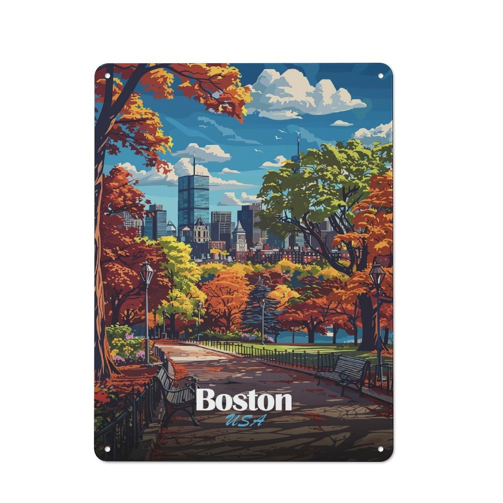 Junmoney Style-12 40X30cm Retro Tin Sign With Boston Skyline Autumn For Living Room Wall, Housewarming Present For People Styling Living Room
