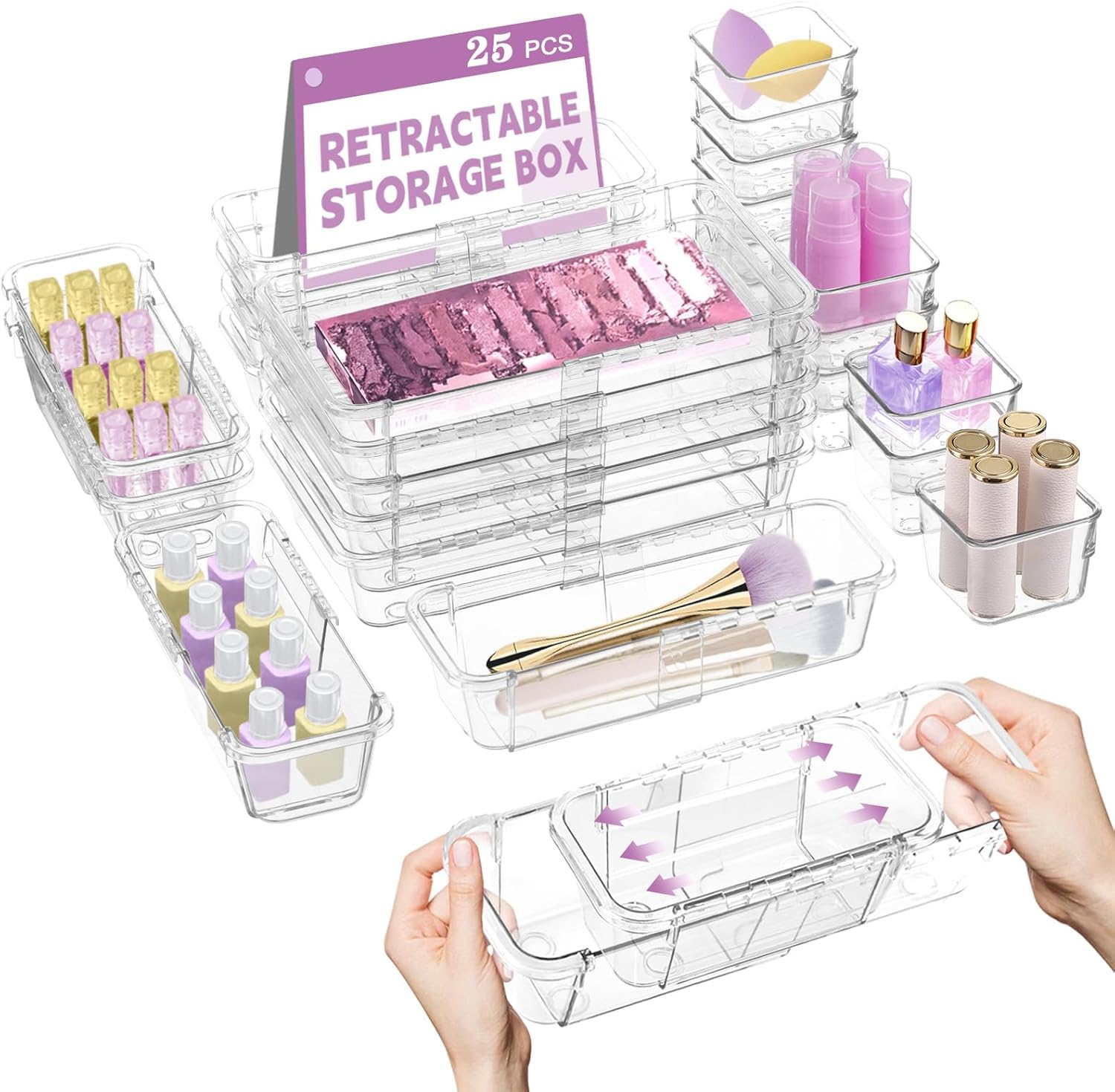 25 Pcs Clear Drawer Organizer, Adjustable Drawer Storage Box, 3-Size Desk Drawer Organizer, Acrylic Storage Bins for Makeup, Cosmetic, Kitchen Utensils, Bedroom Dressers Tool Organizer for Gadgets 25PCS