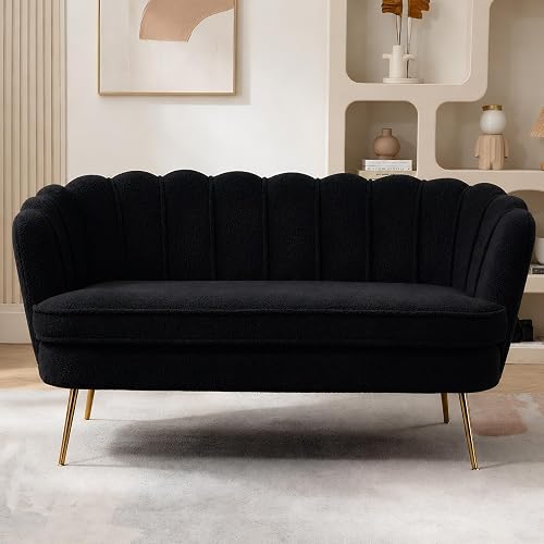 anwickjeff 59" Wide Modern Boucle Loveseat Small Sofa Small Mini Room Couch 2-Seater Sofa with Gold Metal Legs for Space Office Studio Apartment Bedroom (Black)