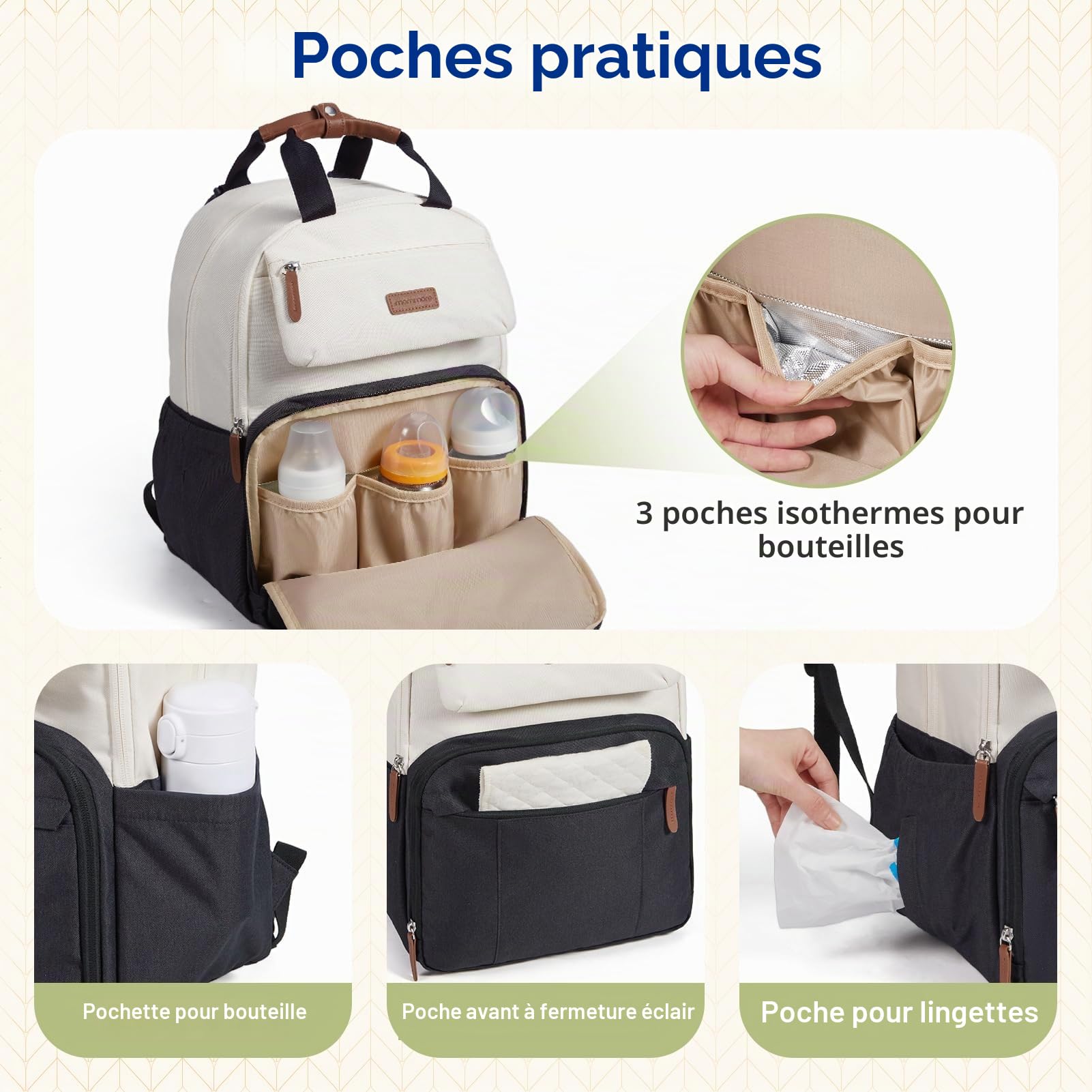 mommore Sac a Langer Bebe Grande Capacité – Inclut un Matelas à Langer, Sac pour Bébé Robuste avec Attaches pour Poussette, Sac à Dos à Langer de Voyage Imperméable pour Les Parents, Noir