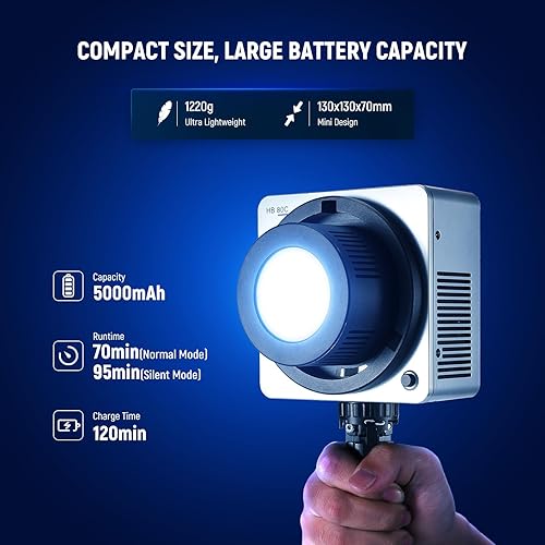 Miniatura 7 de NEEWER HB80C RGBWW - Luz de video LED con batería integrada de 72 Wh y carga rápida PD de 100 W, iluminación de salida continua COB Mini RGB de 80
