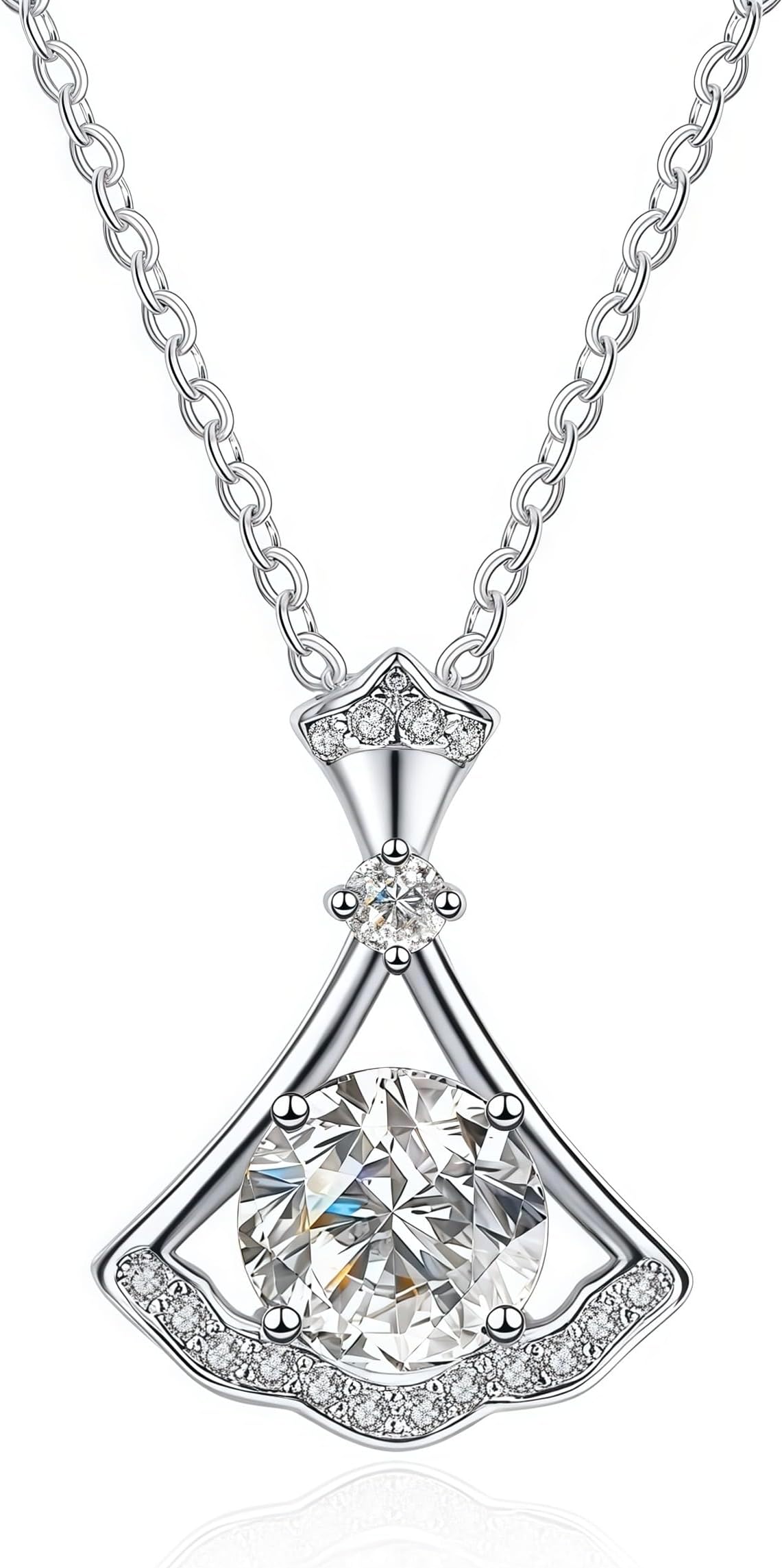 โ Silver Pendant Necklace for Women - S925 Sterling Silver with 18K Gold Plated, Fan-Shaped Skirt Pendant and 1-Carat D-Color Moissanite. Graceful and Auspicious!
