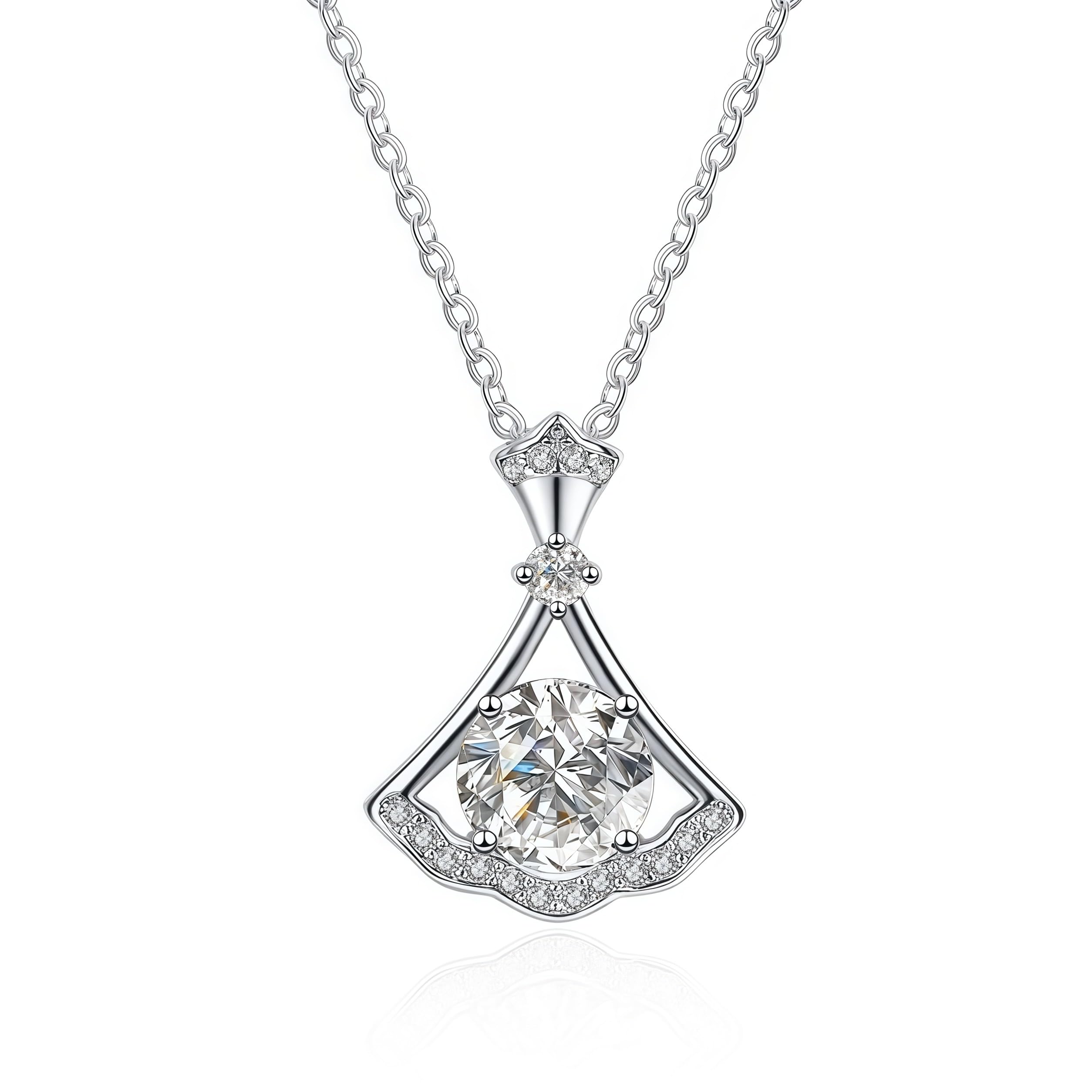 Silver Pendant Necklace for Women - S925 Sterling Silver with 18K Gold Plated, Fan-Shaped Skirt Pendant and 1-Carat D-Color Moissanite. Graceful and Auspicious!