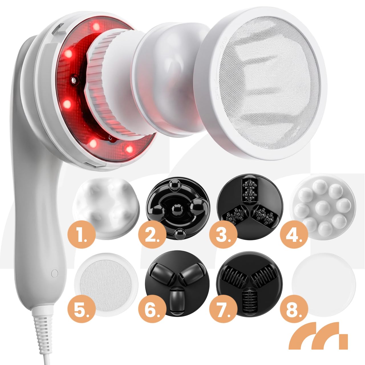 MalTec Anti Cellulite Massagegerät Körper, Vibrationsmassagegerät mit 8 Aufsätzen, 14 mm Amplitude, stufenlose Intensität, Netzbetrieb, Haar-Schutznetz, Körpermassagegerät für Beine Bauch SkinPulse
