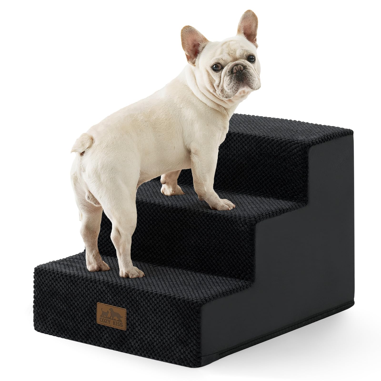 COZY KISS Hundetreppe für Kleine Hunde, 3 Stufen Haustiertreppe für Bett Couch Auto, 35cm Hoch Hochdichtem Schaumstoff Katzentreppe mit Abnehmbarem Bezug (Schwarz, 40x45x35cm, 3)