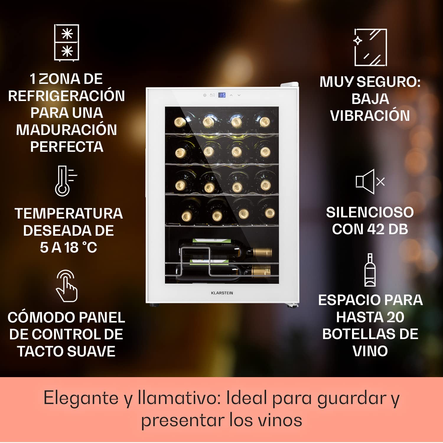 KLARSTEIN Vinoteca para Vinos de 53L Nevera Vino Una Zona, Botellas Vino, Proseco y Cervezas, Vinoteca Pequeña Puerta Cristal para Interior y Exterior, Nevera para Vinos Capacidad 20 Botellas