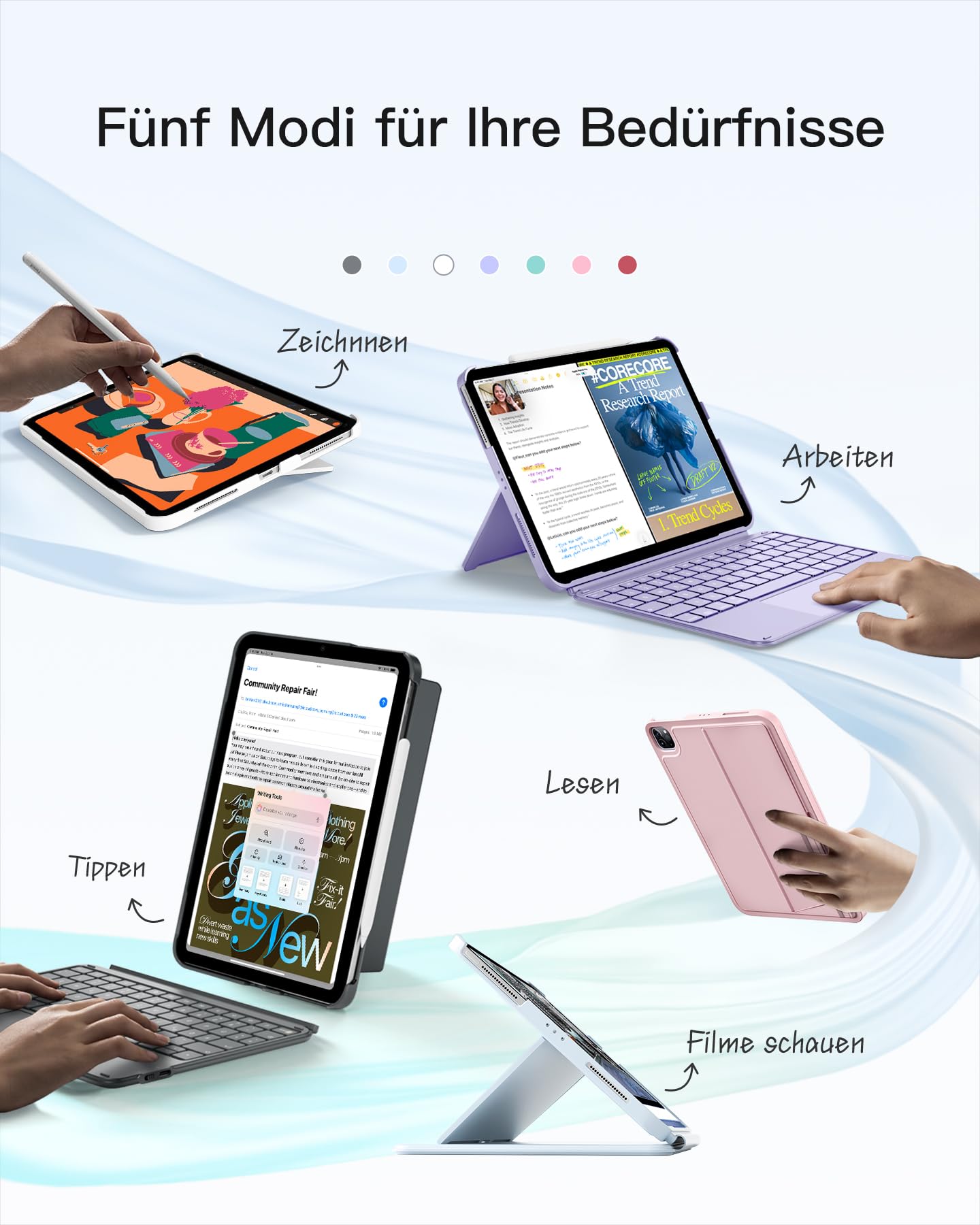 Inateck Etui z klawiaturą, ultralekka klawiatura do iPada 10 generacji, iPad Air 6 11" 2024, iPad Air 5/4 10,9", iPad Pro 11 4/3/2/1 generacji, zdejmowane, z touchpadem, QWERTZ, KB04122