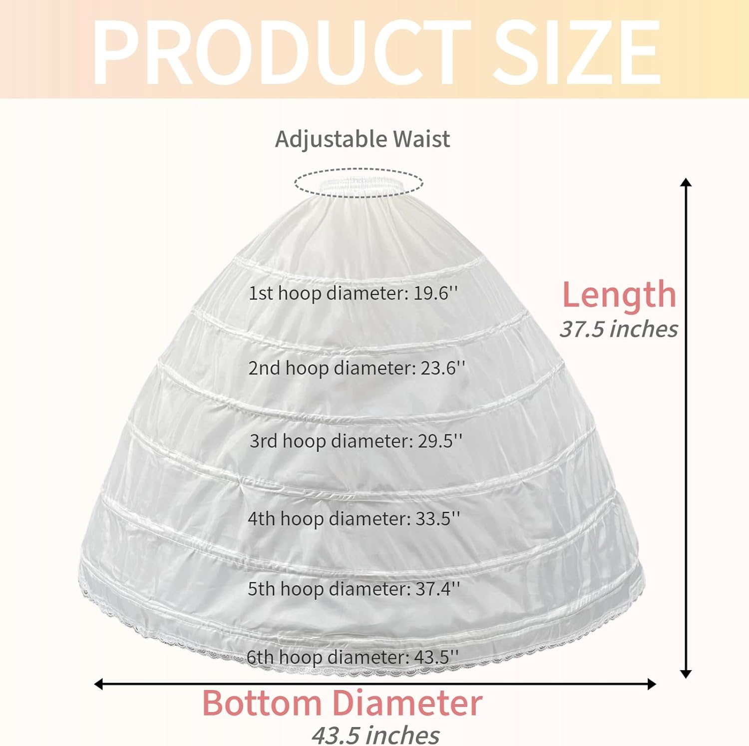 Women 6 Hoop Petticoat Underskirt Adjustable Waist Crinoline for Ball Gown Wedding Dress Costume White Slip with Lace Trim - Image 2