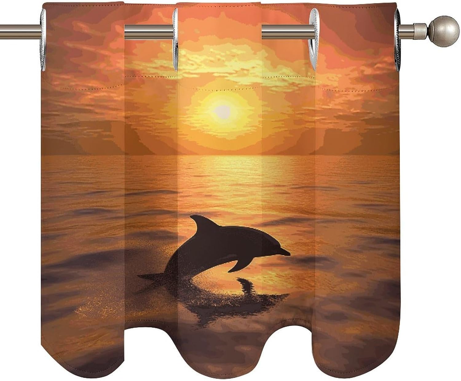 Dolphin and Sunset Curtain 2 Panels, Polyester Fiber, Blackout Insulated Window Curtain, Curtain Valance for Kitchen Dining Room Living Room Cafe Small Window 52 * 18.1 Inches