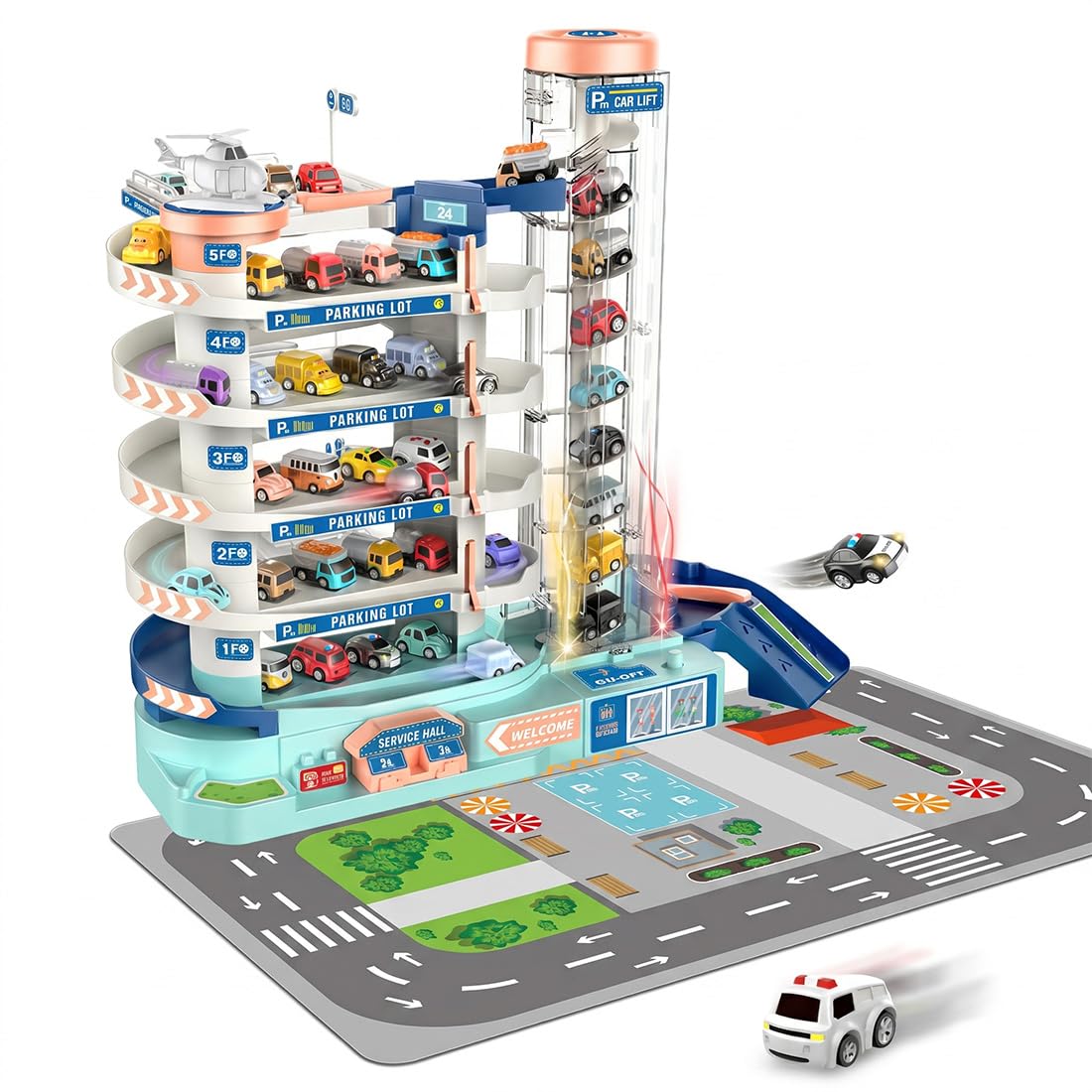 Multi-Storey Car Park Playset with Manual Rotating Vehicle Lift