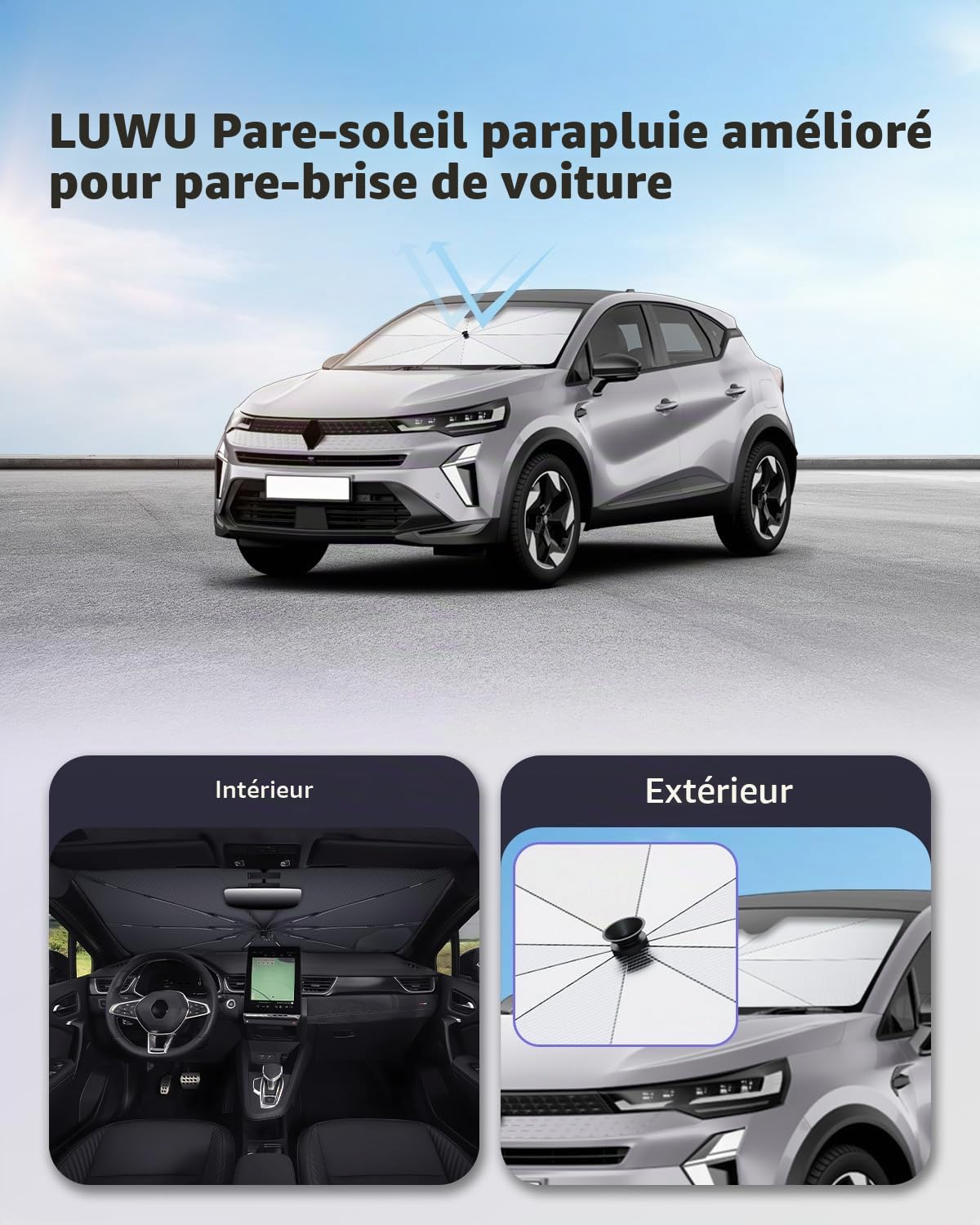 LUWU [Amélioré] Pare Soleil Parapluie pour Voiture Compatible avec Renault Captur 2 2020-2025 2026 Parapluie Pare Soleil Pare Brise Avant Protection UV Captur 2 Accessoires