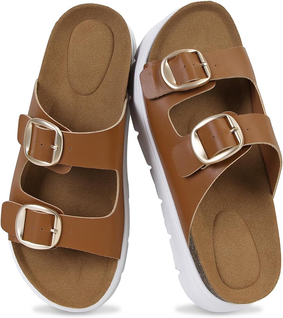 Women's Genuine Leather Platform Sandals Cork Footbed Slip-on Sandals Summer Chunky Slides with Double Adjustable Buckle Casual Vacation Shoes