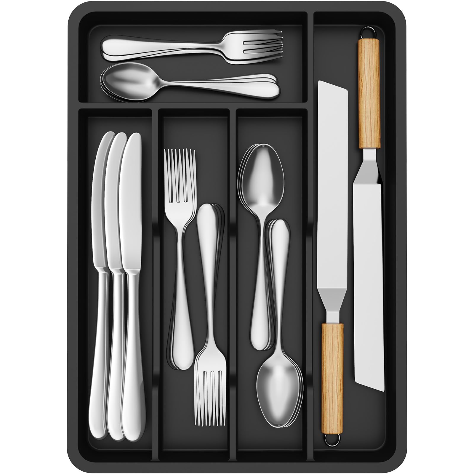 Lifewit Silverware Tray, Deep Wide Cutlery Drawer Organizer Storage for Kitchen, Plastic Flatware Utensil Holder Divider for Spoons Forks Knives Tableware, 5 Compartment, Black