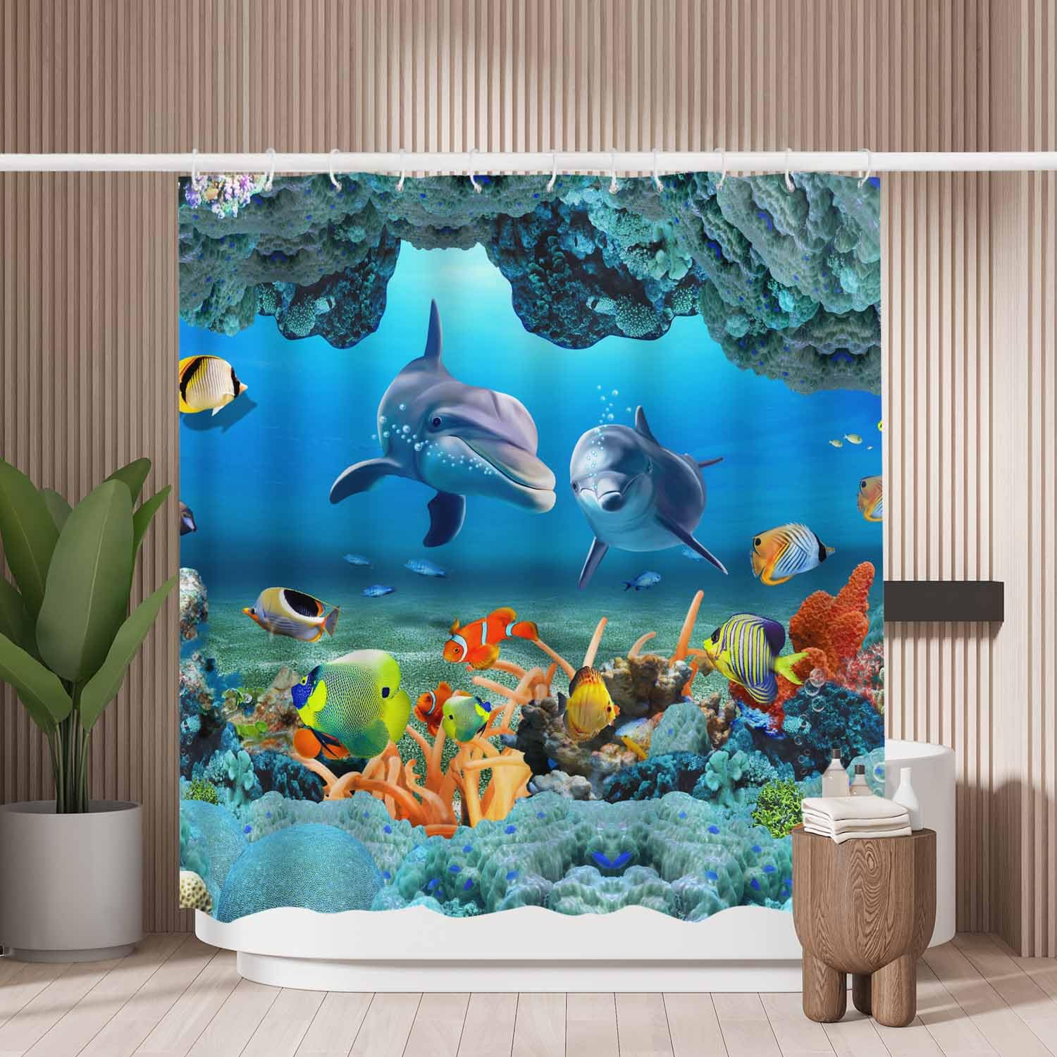 WoutayShower Curtain Mould Proof Resistant Dolphin Underwater World,Water Repellant Fabric,Polyester,with 12 Plastic Hooks