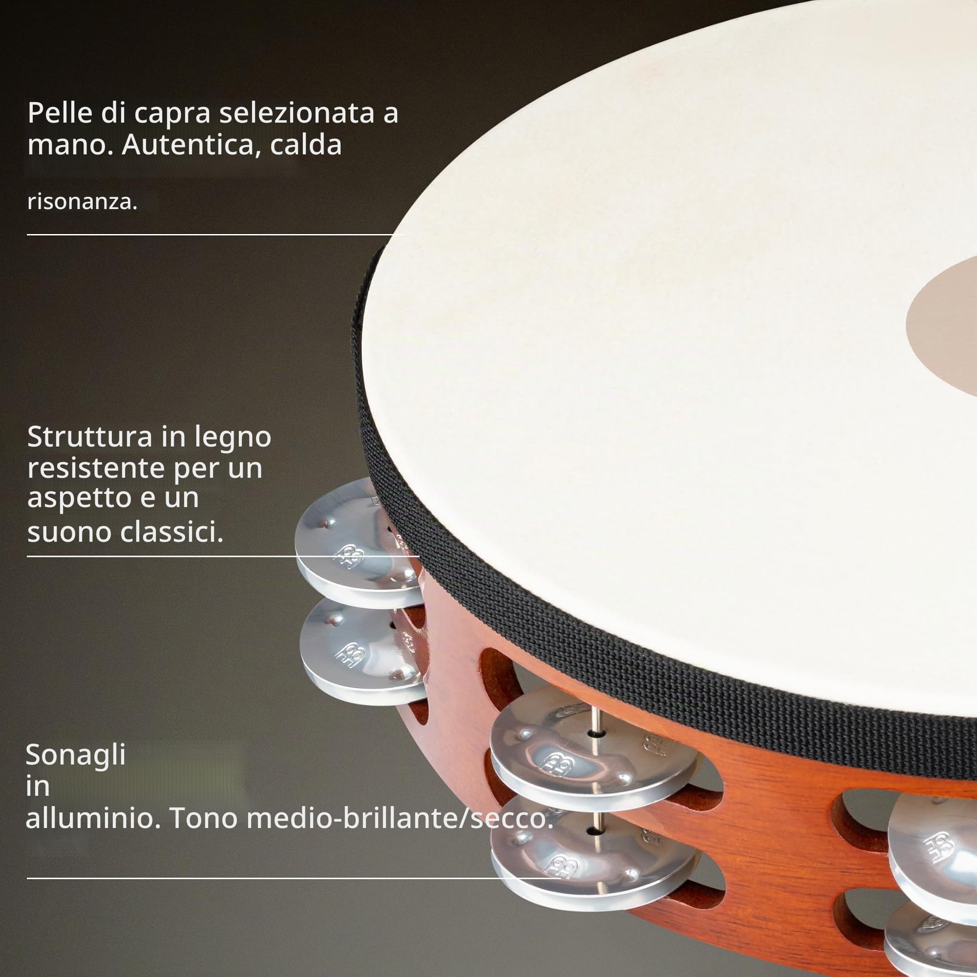 Meinl Percussion TAH2A-AB - Tamburello in legno con pelle e 2 file di sonagli d'alluminio nel telaio, diametro: 25,40 cm (10''), colore marrone African