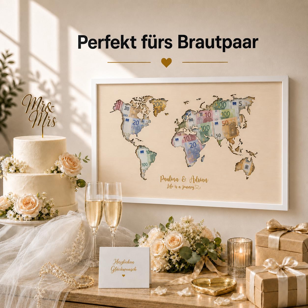 vonMia Personalisiertes Geldgeschenk Hochzeit, Weltkarte aus Holz im Bilderrahmen, A2 40 x 50 cm, Namen, Datum & Wunschtext individuell, Geschenk für Brautpaar