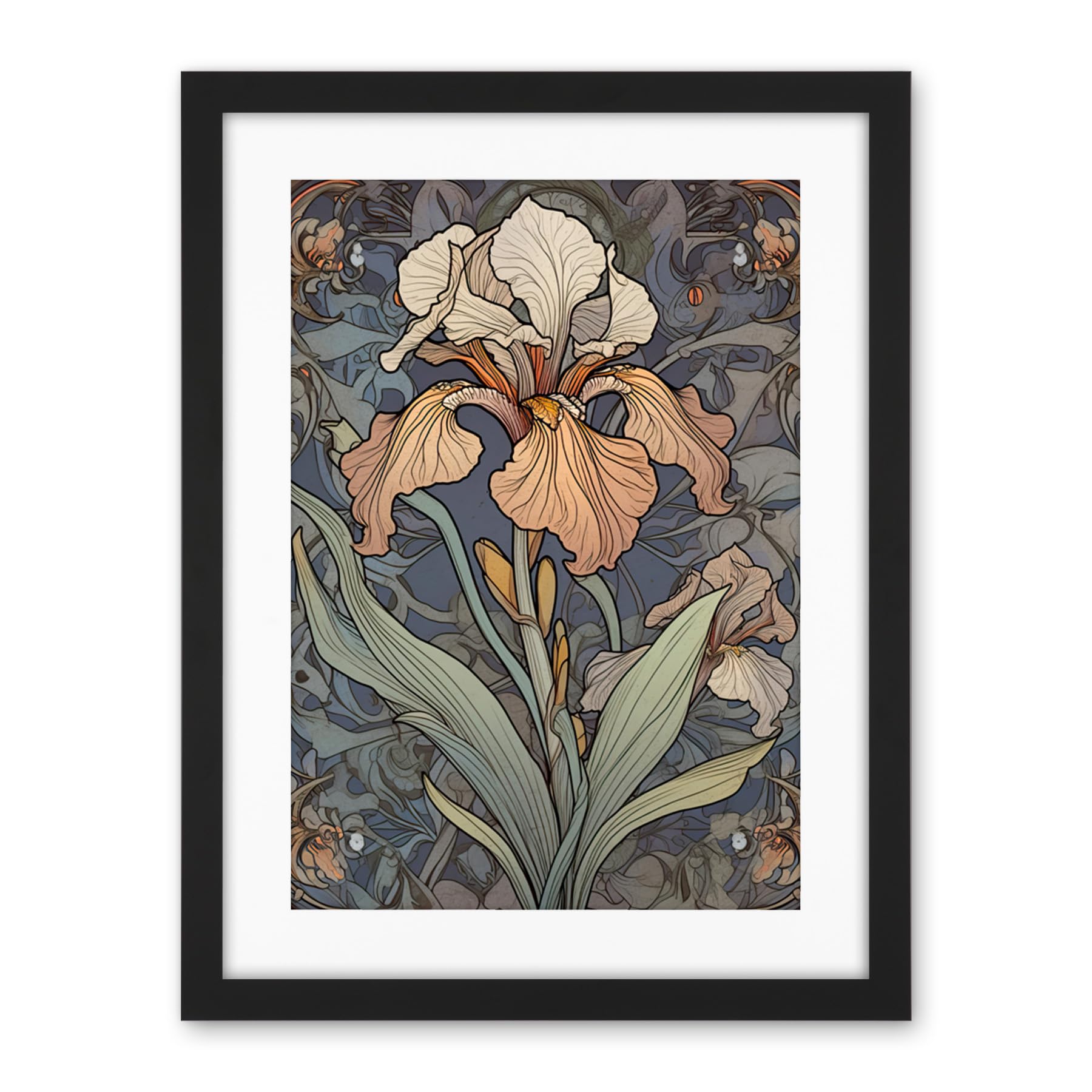 Artery8 Art Nouveau Style Iris Bloom Flower Watercolour Artwork Framed Wall Art Print 18X24 Inch