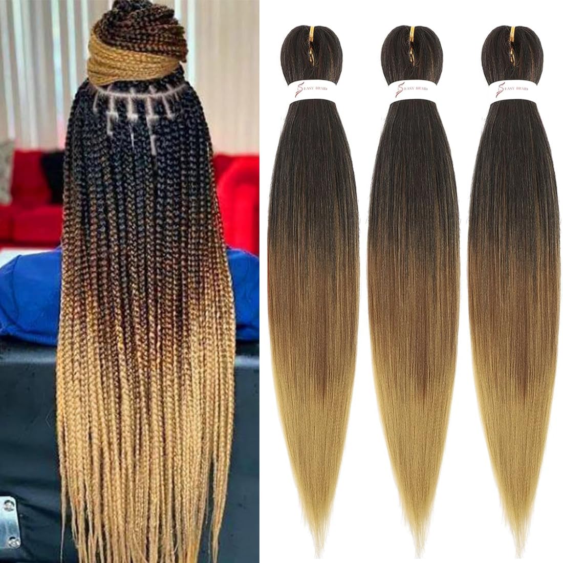 Pre Stretched Braiding Hair Extensions 3 Packs 26 Inch Black Brown Blond Ombre Braiding Hair Synthetic Braids Hair Extension for Women Hot Water
