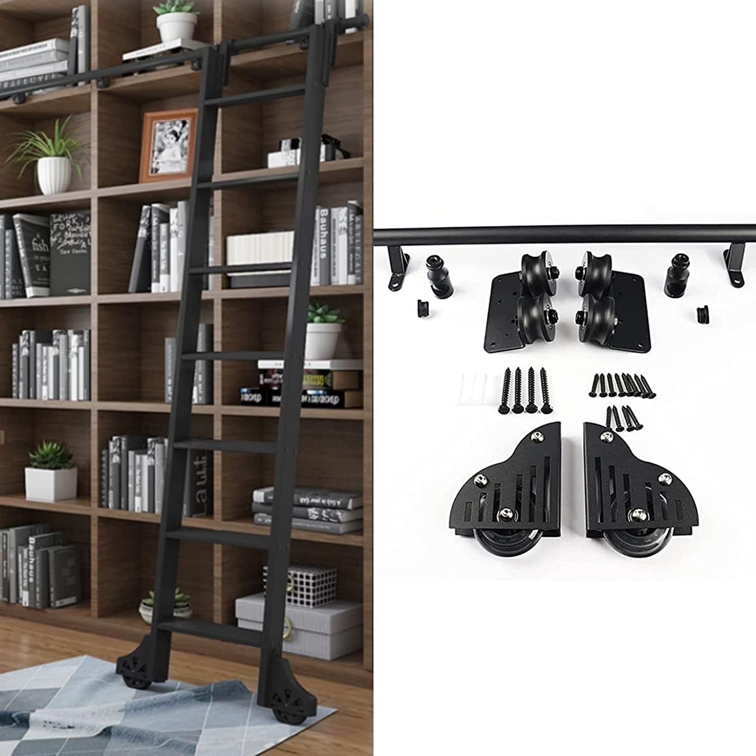 Round Tube Mobile Ladder Track 3.3ft-20ft Library Rolling Ladder Full Set Hardware Kit (No Ladder) with Floor Roller Wheels, for Home/Indoor/Loft (Size : 13ft/400cm Track kit)