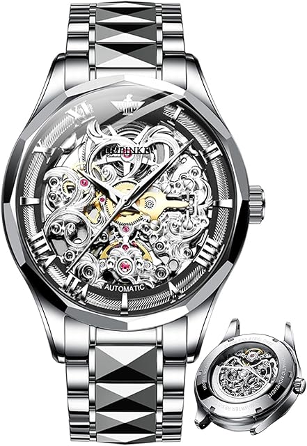OLEVS Men Skeleton Watch Automatic Mechanical Self Winding Sapphire Crystal Luxury Dress Tungsten Steel Waterproof Two Tone Strap