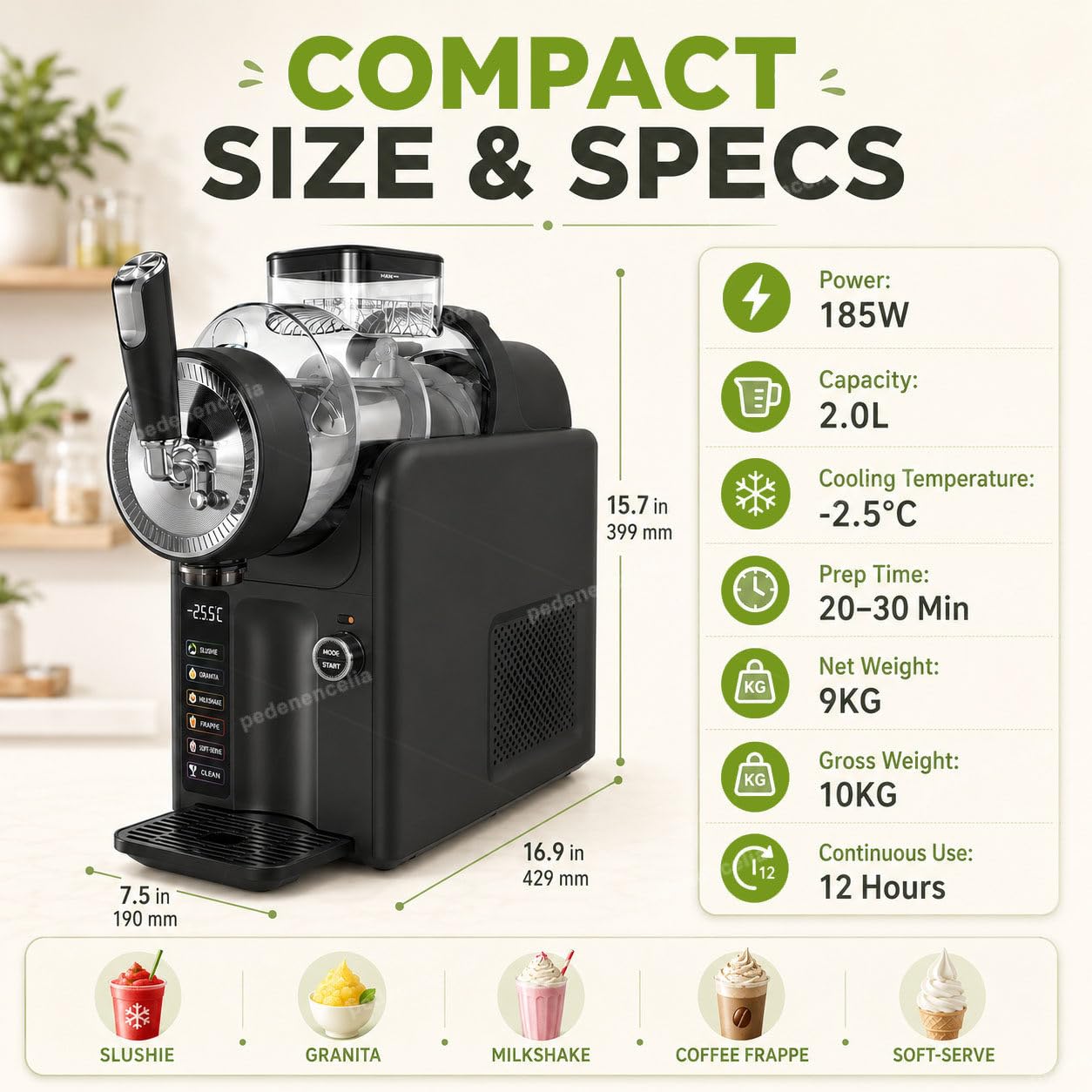 Macchina per Granite, Senza Bisogno di Ghiaccio, Produttore Professionale 5-in-1 di Slushy con Compressore 185W, capacità 2L, Autopulizia, Consistenza Regolabile Black
