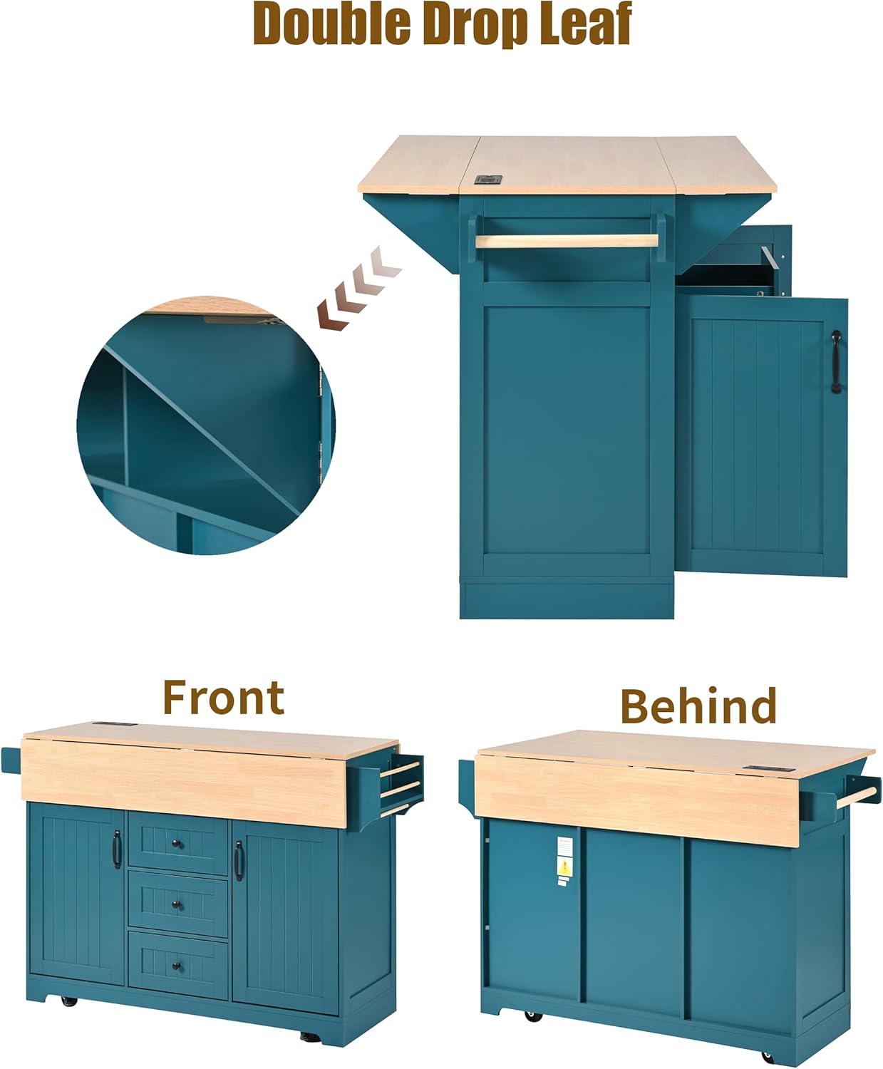 55.7'' Rolling Kitchen Island with Storage, Drop Leaf & Drawers&Power Outlet, Sturdy Mobile Kitchen Cart on Wheels, Easy Assembly, Home Bar Countertop for Dining Room, Green