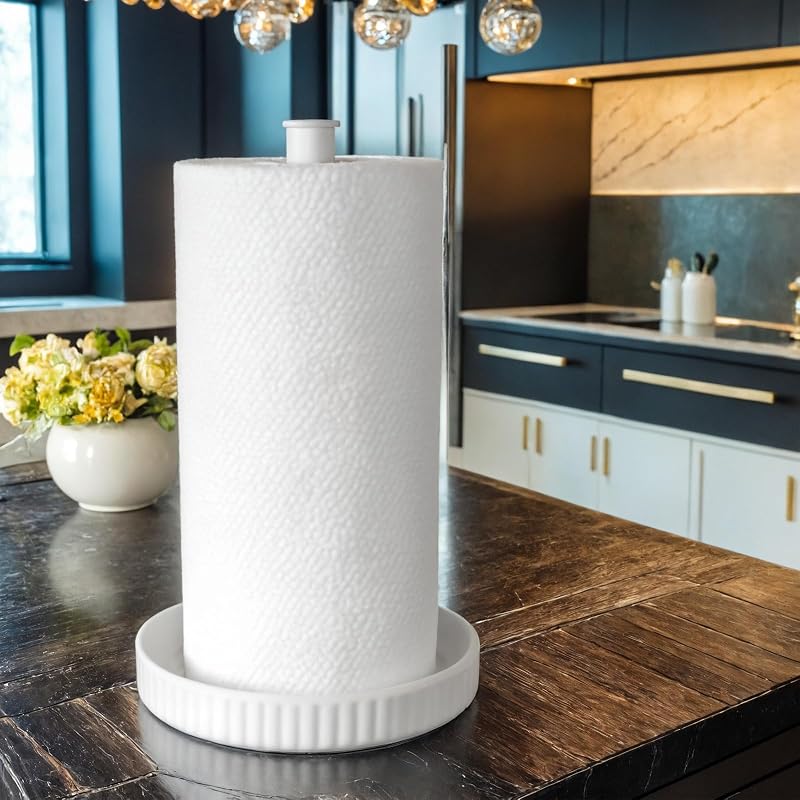 Paper Towel Holder Countertop,Ceramic Base,Fits Double to Family Rolls,A | Easy-to-Clean,1.5 lbs Weight,7" B x 12.5" H,Stable and Durable Kitchen Freestanding Roll,White Home Essentials,Good Gift