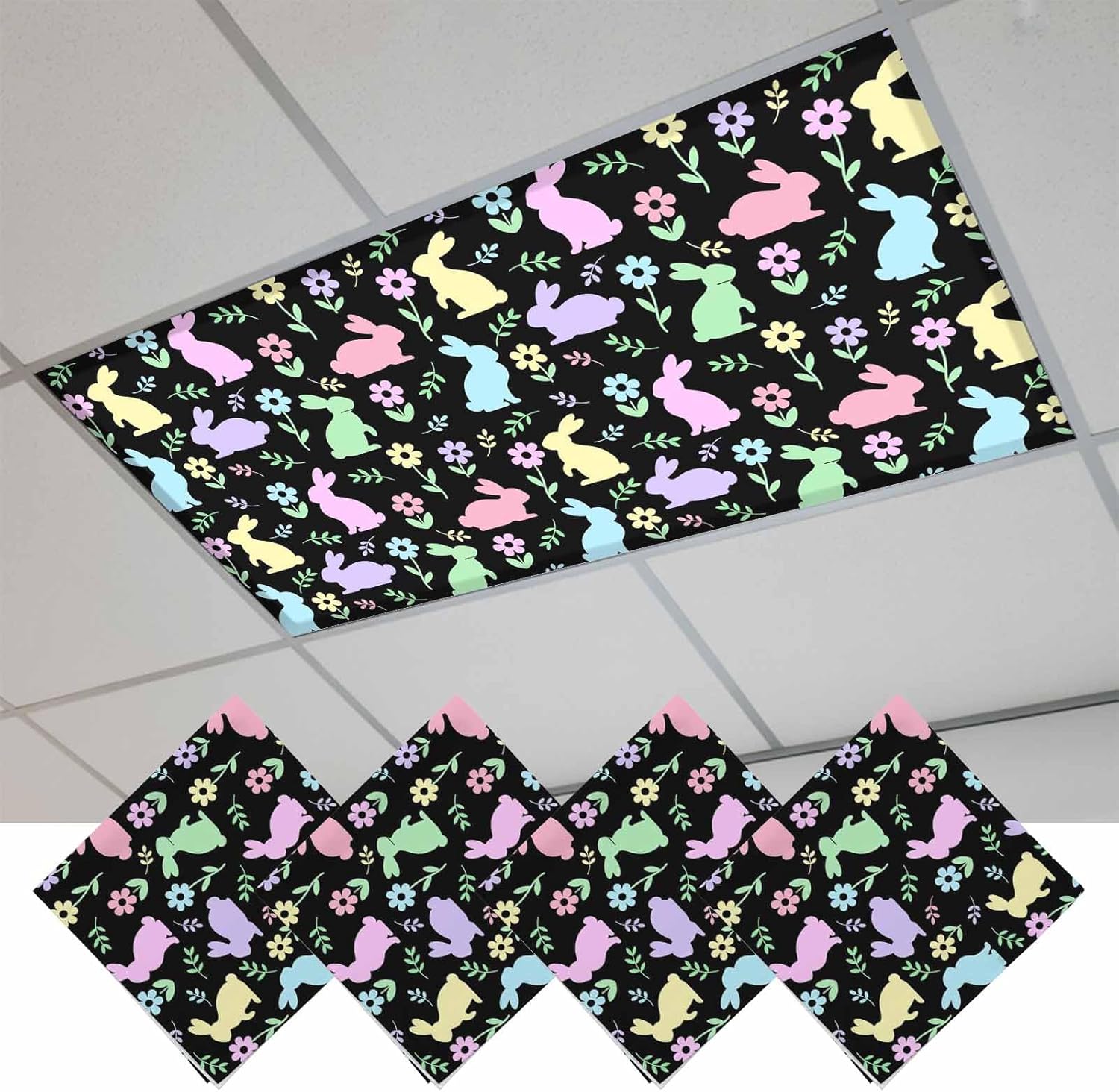 2x4 ft Fluorescent Light Cover for Ceiling Cartoon Bunny Easter Rabbit Magnetic Light Filters, Farm Colorful Wildflower Black Ceiling Lampshades for Home School Office 4Pcs