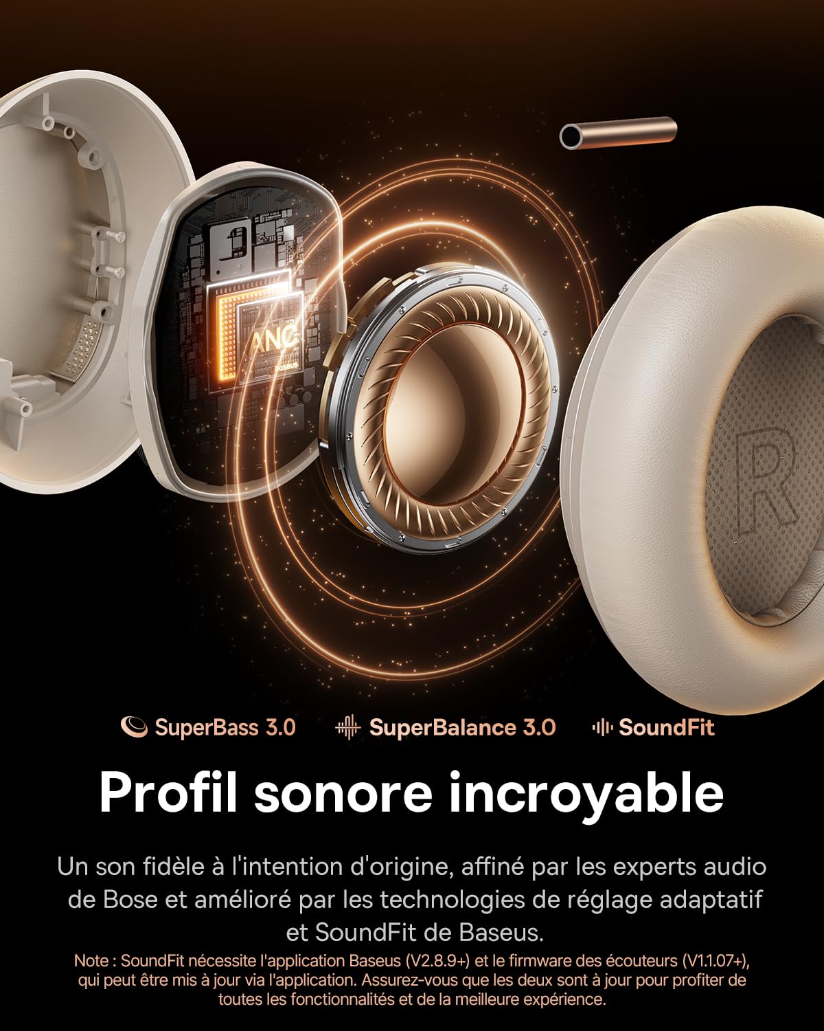 Baseus Inspire XH1 Casque Bluetooth sans Fil à réduction de Bruit, Sound by Bose, Confort Nuageux, Dolby Audio & Hi-Res pour Un Son Incroyablement Dynamique, Autonomie de 100 H, Blanc Lunaire