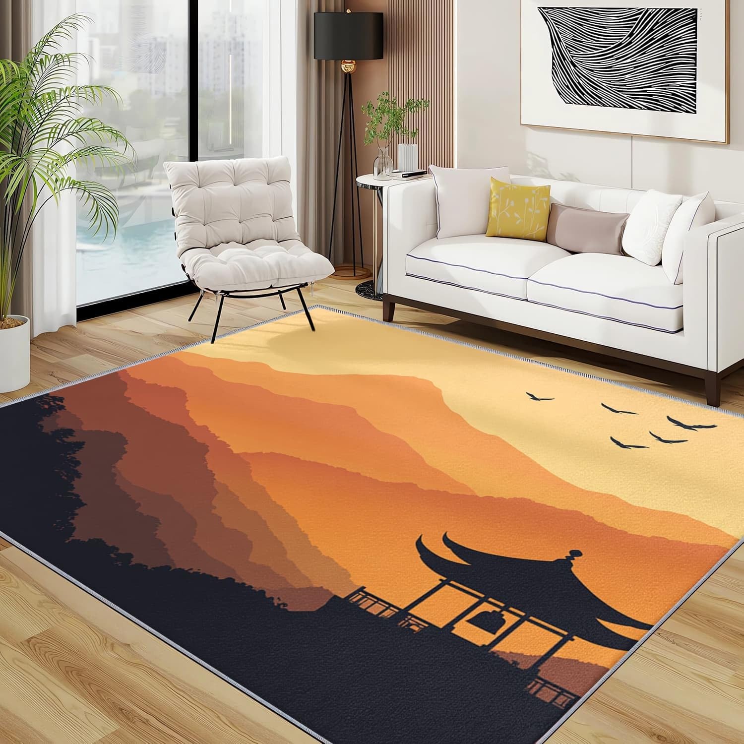 Genérico Alfombra Salón Dormitorio 80x150 cm Paisaje de Atardecer Natural Moderna Lavable y Antideslizante Pelo Corto de Alfombra Naranja Suave Esponjoso Sin Desprendimiento para Habitación Infantil