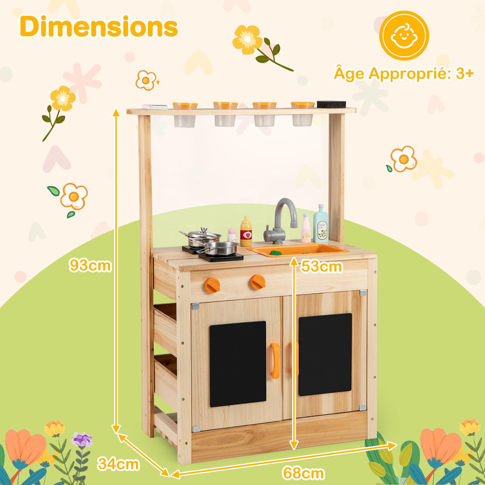 GOPLUS Cuisine d'Extérieur Evolutive en Bois de Sapin, avec Pots de Plantation, Plaques de Cuisson, Évier Amovible, Tableaux Noirs pour Enfant 3+ Ans