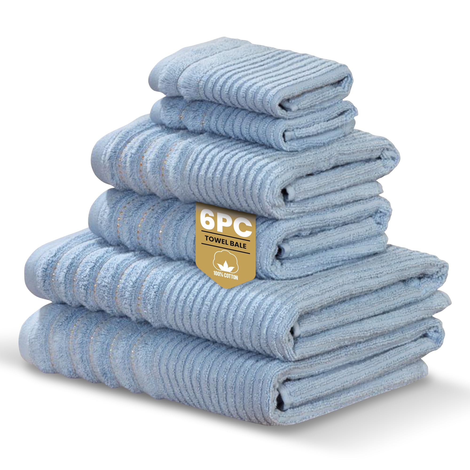Rapport Home Linear 6-Piece Towel Bale | Bale Sky Blue | Luxurious 100% Cotton 500gsm Bathroom Set