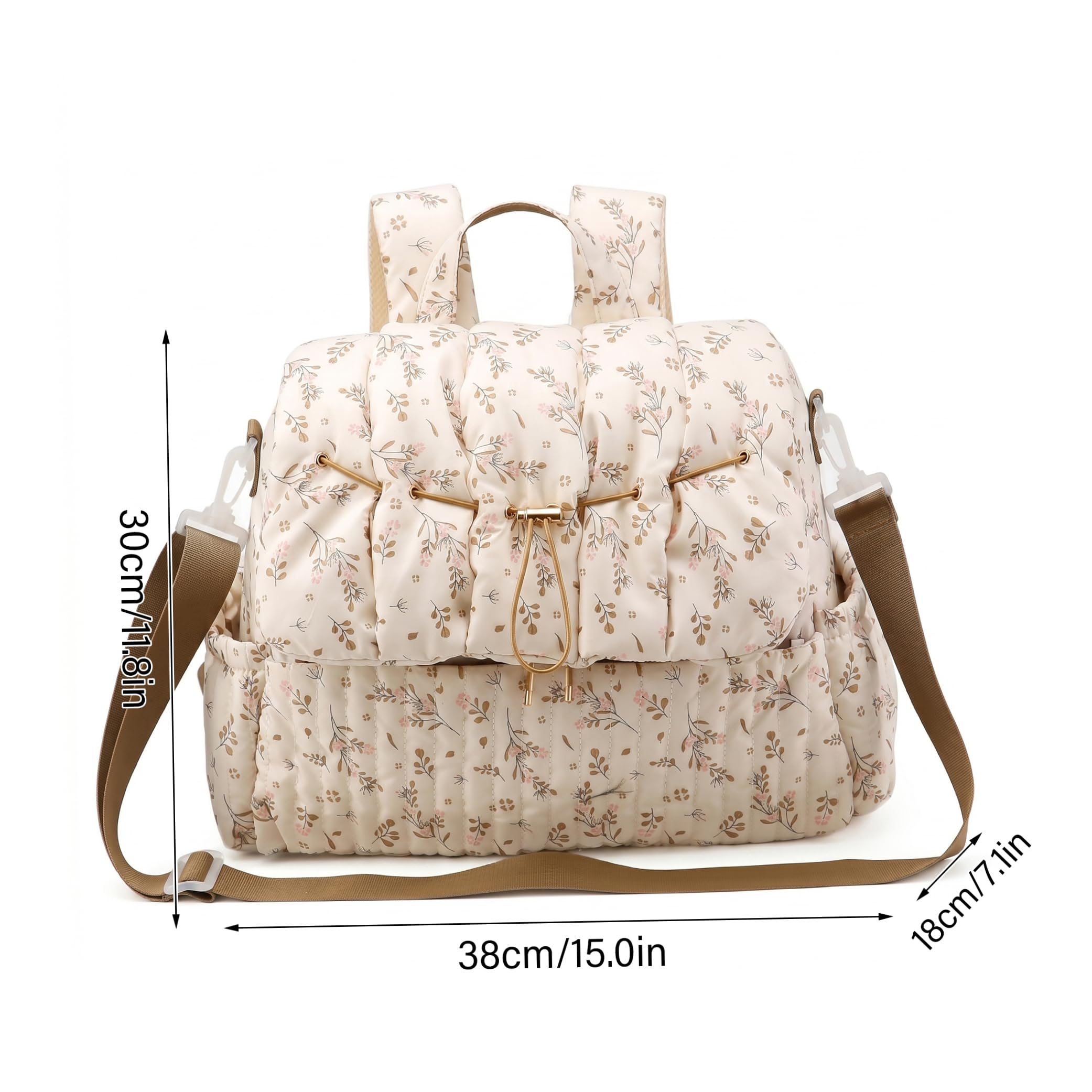 Bolsa de pañales floral, mochila de pañales floral, bolsa de múltiples bolsillos para madres, elegante mochila de viaje y al aire libre para madre (beige)