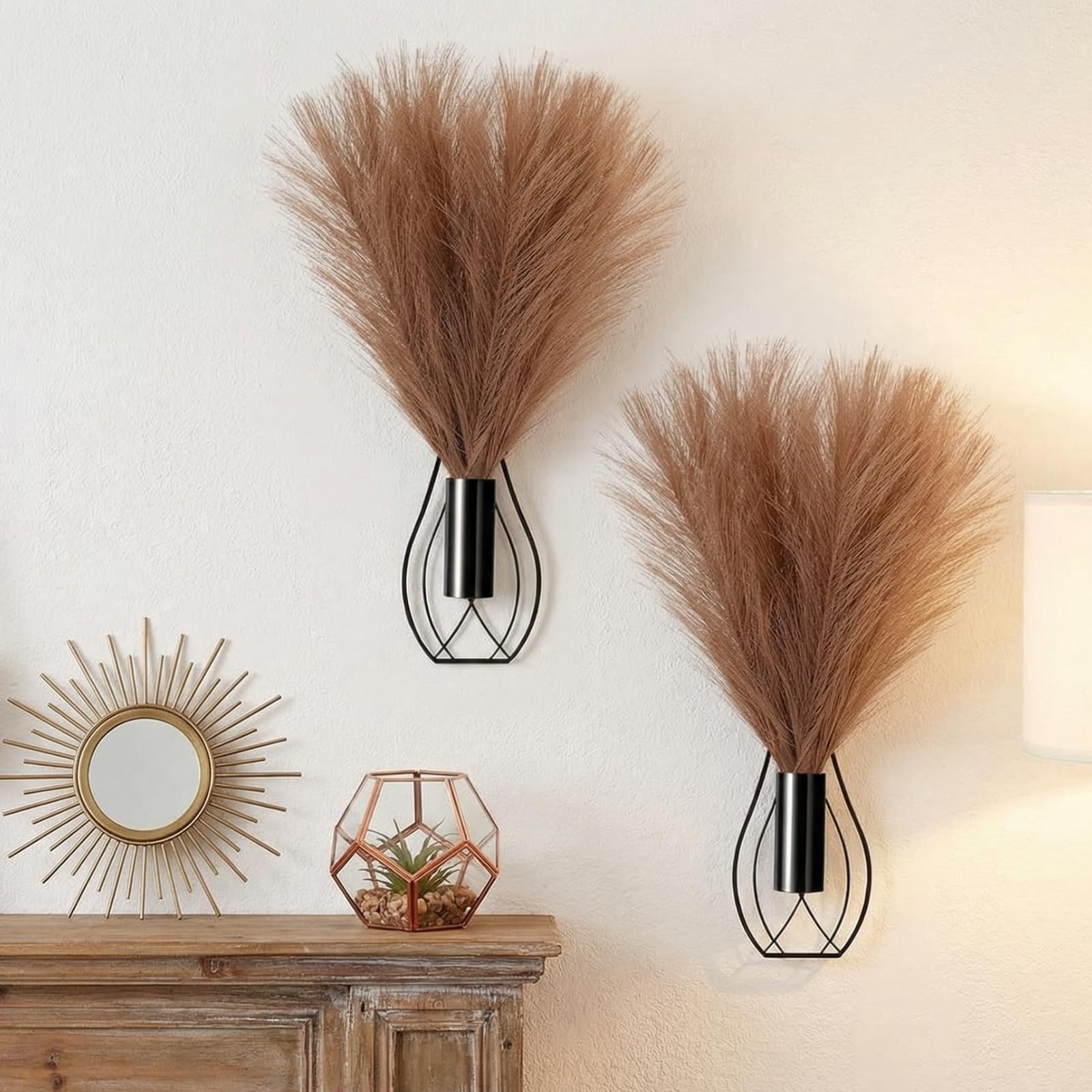 Otoolling 2 Pieces Hanging Plant Wall Decor with Artificial Pampas Grass Metal Hanging Vase Modern Geometric Farmhouse Bohemian Wall Art for Living Room Bedroom Kitchen Office (Black, Light Brown)