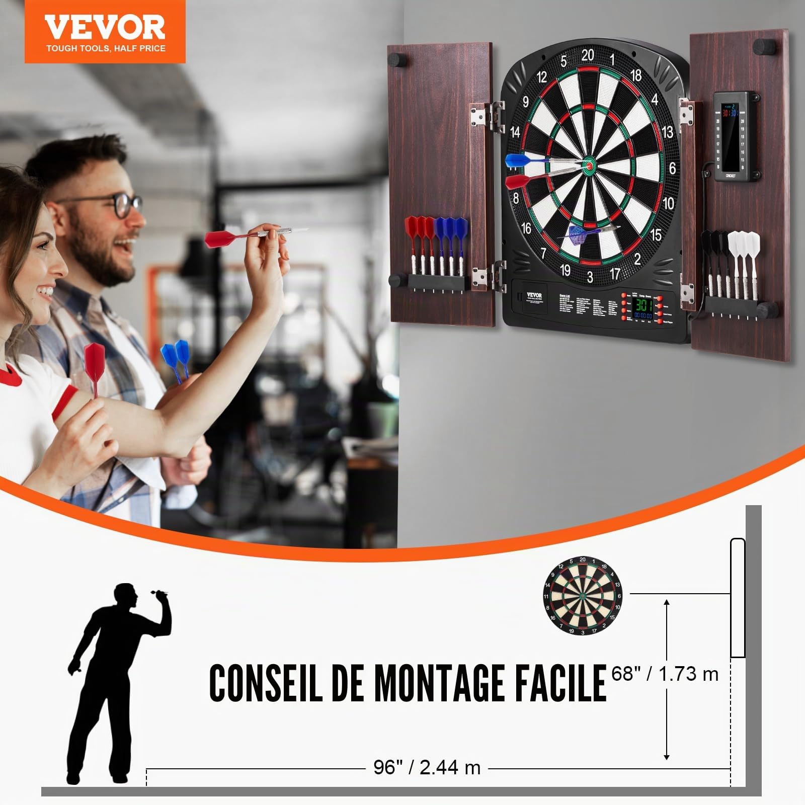 VEVOR Kit Cible de Fléchettes et Armoire Prêt à Jouer, Armoire à Fléchettes avec Tableau de Score Électrique, pour Jeux de Cricket
