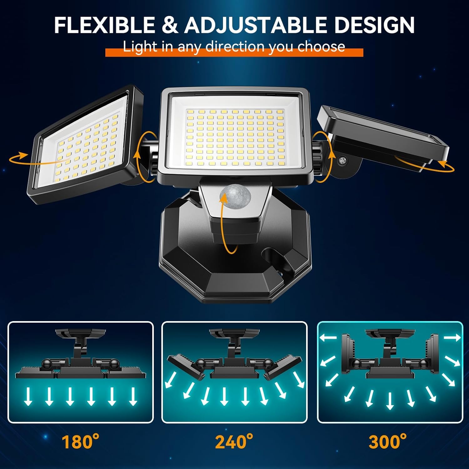 Luces de inundación de 60 W, 6000 lm, luz LED de inundación controlada por interruptor para exteriores, IP65, impermeable, con 3 cabezales ajustables