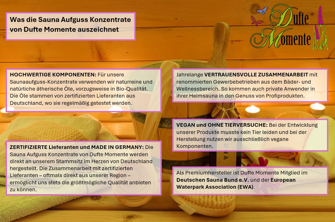 Dufte Momente | Saunaduft 8 x 250ml: Allgäuer Bergkräuter, Birke-Zitrone, Eukalyptus, Minze, Latschenkiefer, Orange, Saunamedizin (Kampfer, Zitrone), Lemongras | vegan