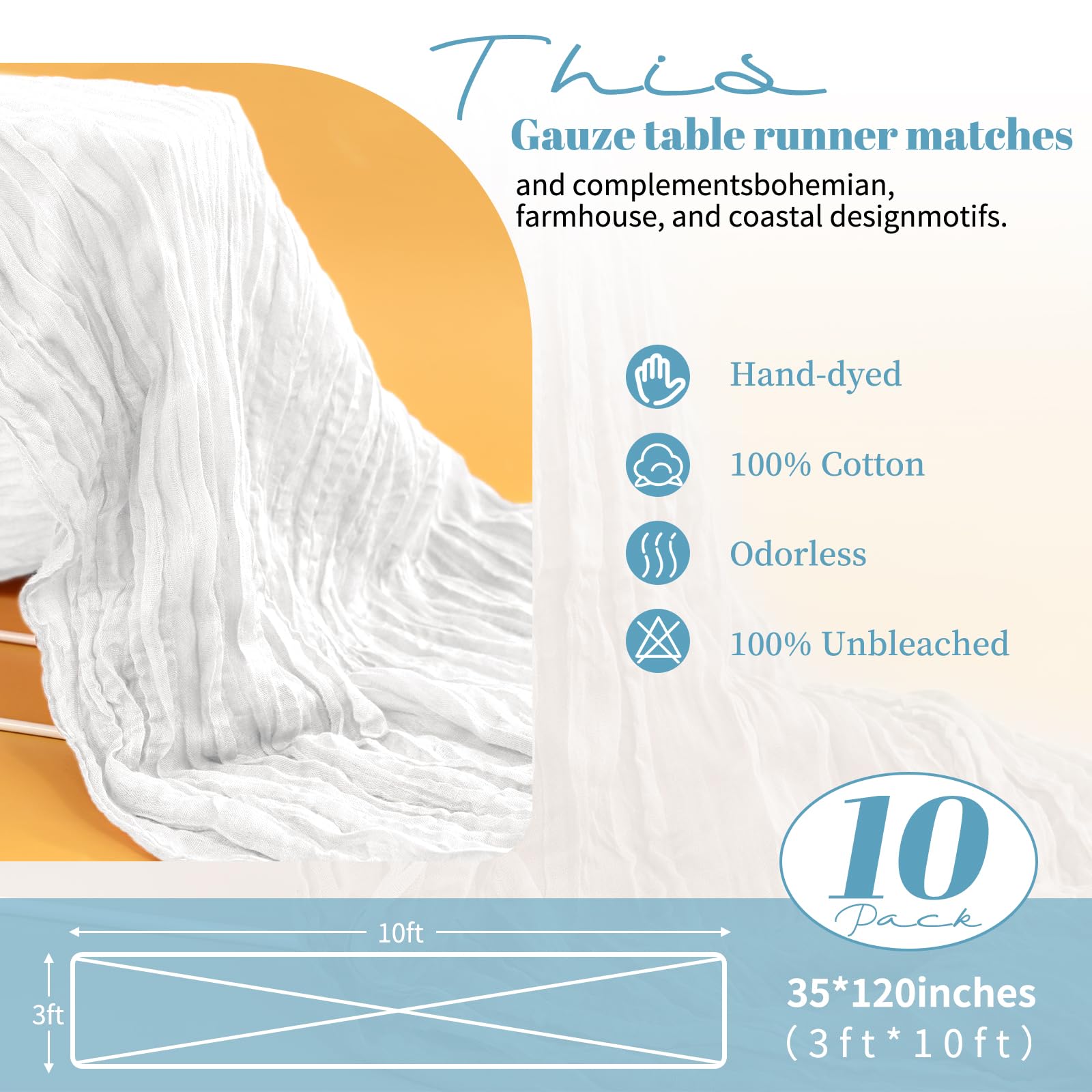 Pesonlook Lot de 10 chemins de Table en étamine Blanche, Chemin de Table en Gaze de 10 Pieds, Chemin de Table Semi-Transparent en Tissu étamine pour réception de Mariage, Mariage Rustique bohème