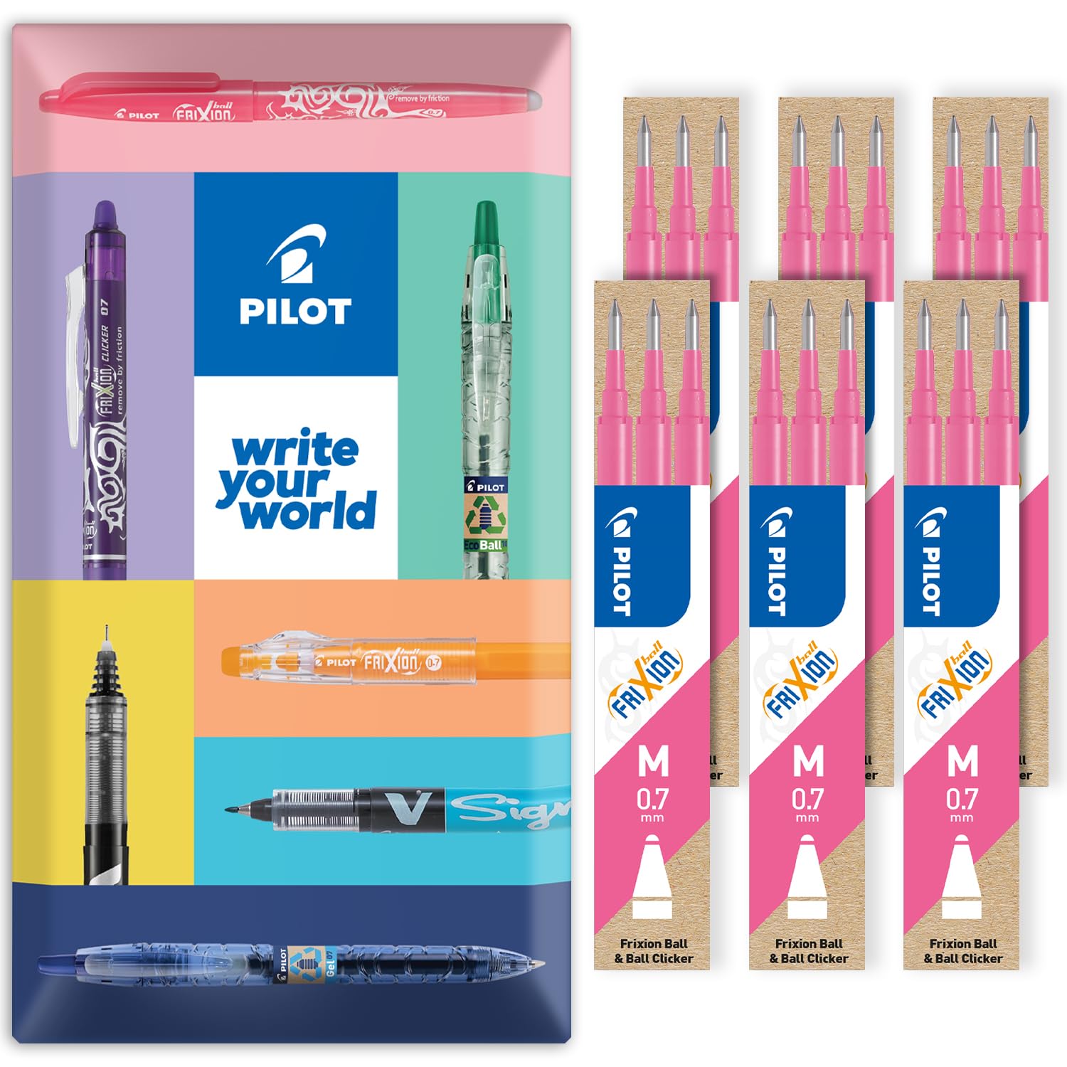Pilot Frixion Heat/Friction Erasable Refill - Medium 0.7mm Line - Pack of 18 Refills - 6 Packs in Envelope Gift Packaging (Pink)
