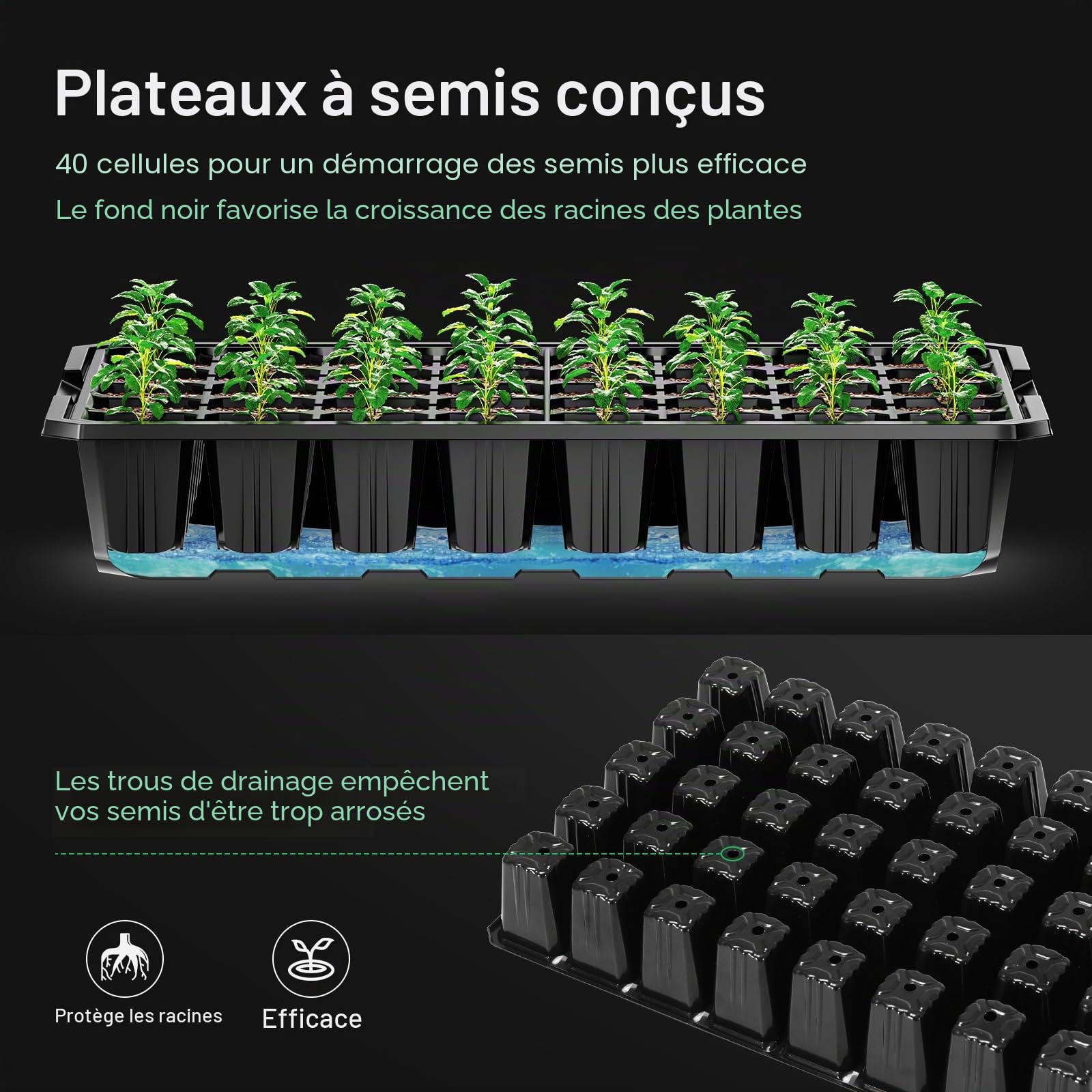 VIVOSUN 1 Plateau de démarrage de graines à 40 cellules avec 1 Jeu de lumières LED et Tapis Chauffant de semis de 25,4 x 52,7 cm, Housse Plus Haute de 9,1 cm, aérations réglables, Trous de Drainage,