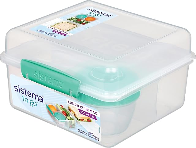 Sistema TO GO Lunch Box Cube Max | 2 L Bento-Box Style Food Container with Dividers & Leak-Proof Yoghurt Pot | BPA Free | Assorted Colours
