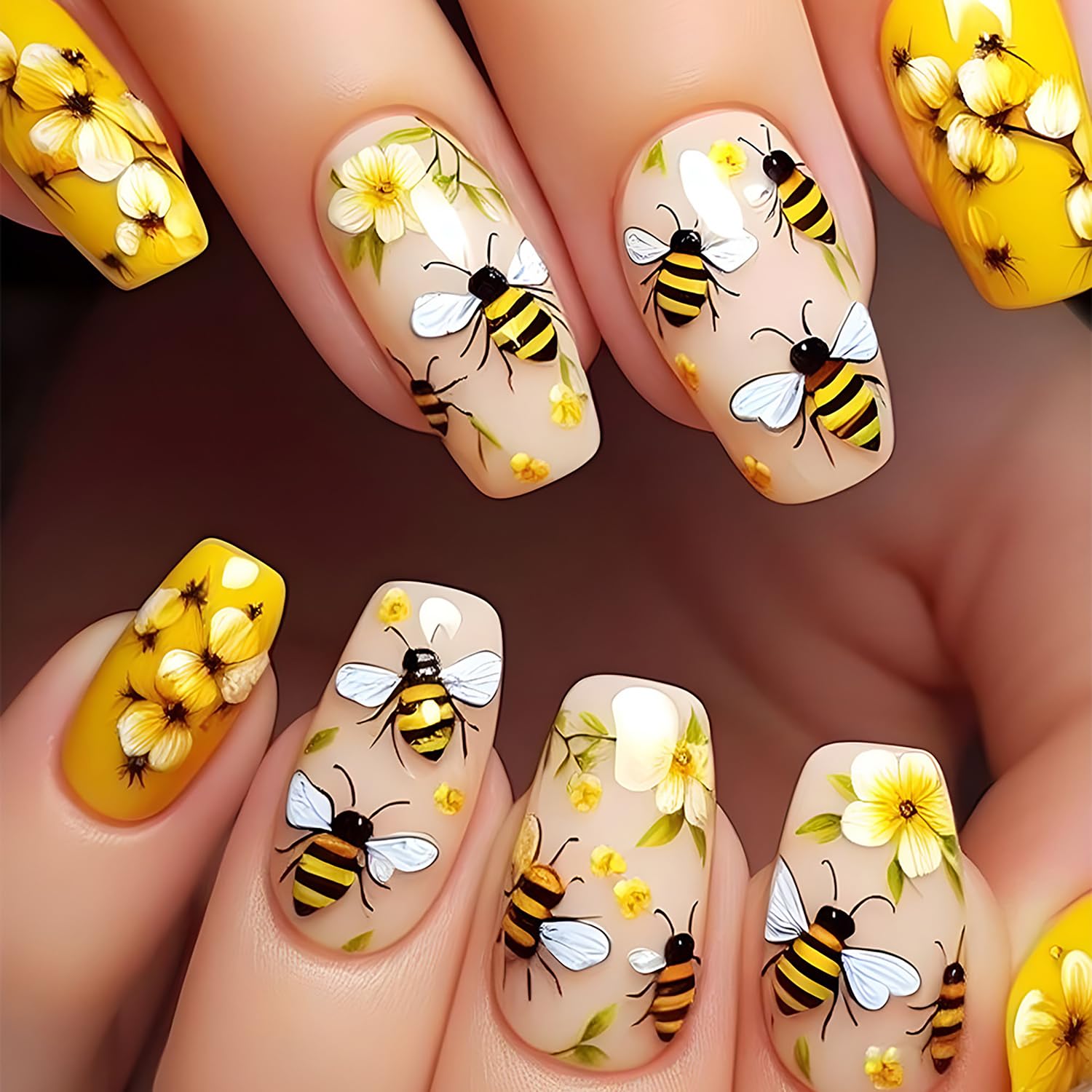 LOPMNGHT Press on Nails Medium Length Cute Bee Pattern Design Artificial False Nail Full Cover Flower Stick on Nails Press Ons with Design Ballet